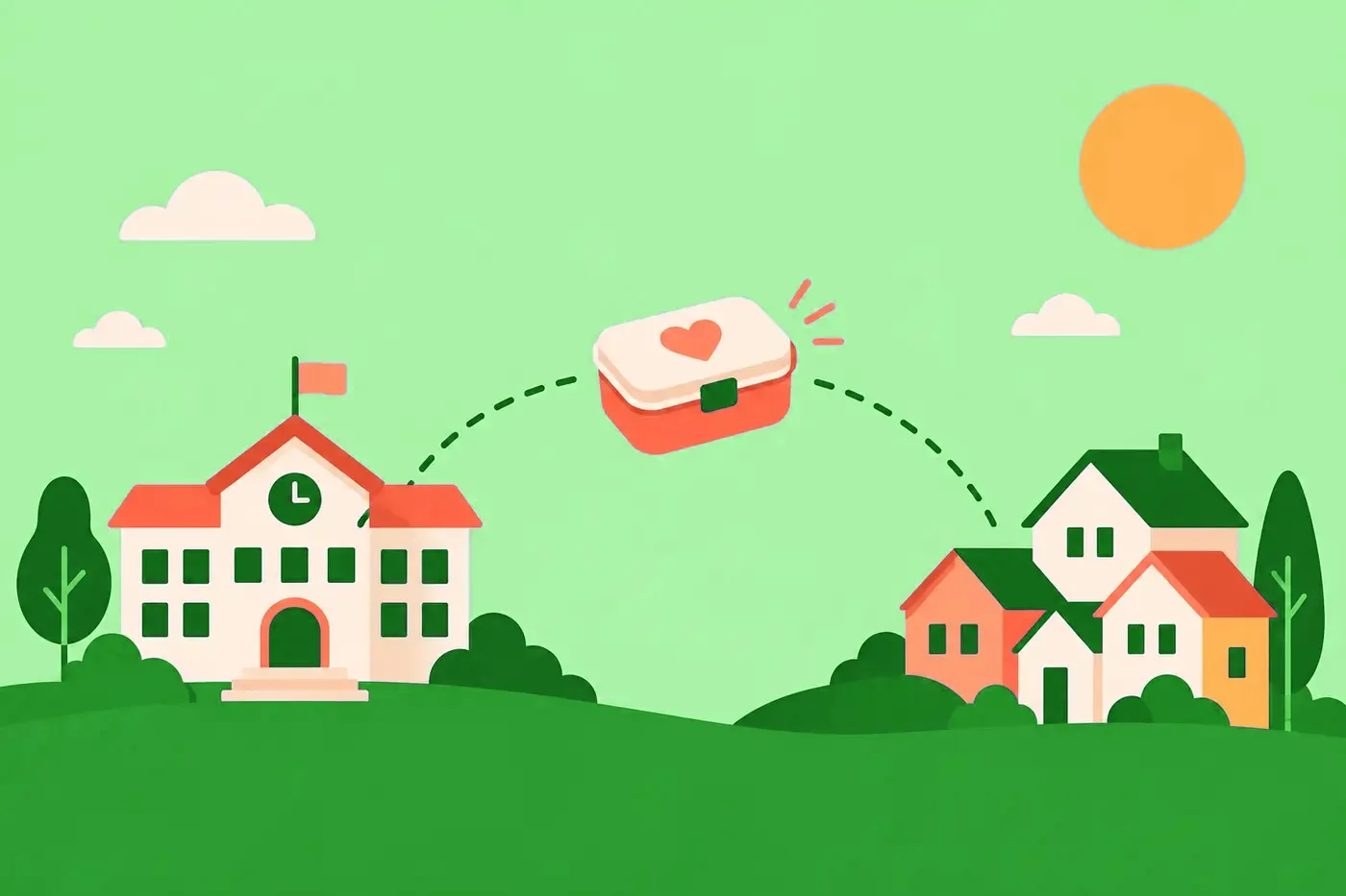 Illustrazione: una scuola, un contenitore per il cibo con un cuore, e le case che lo ricevono